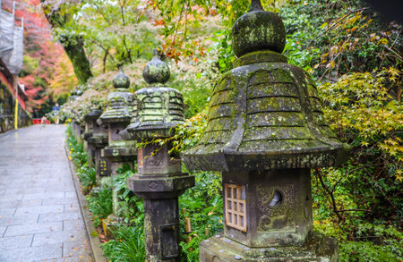 Weathered Stone Lanterns with Moss in Serene Japanese Templeの写真素材