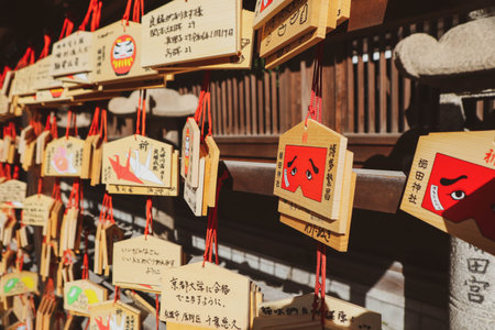 Wood boards with prayers and wishes written on it hangingの写真素材