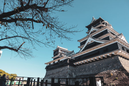 Historic Kumamoto Castle in Japan with traditional architecture against a clear blue sky.の写真素材