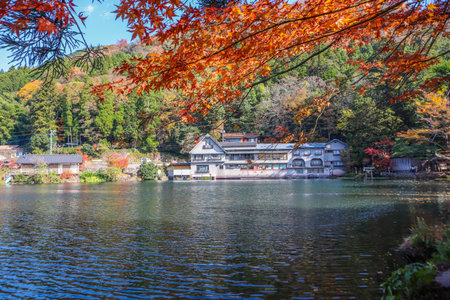 Traditional Japanese Ryokan by Lake Kinrin in Autumn, Yufuin, Japanの写真素材