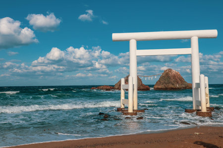 Sacred Shinto Shrine Gate by the Sea with Wedded Rocks, Fukuoka Japan