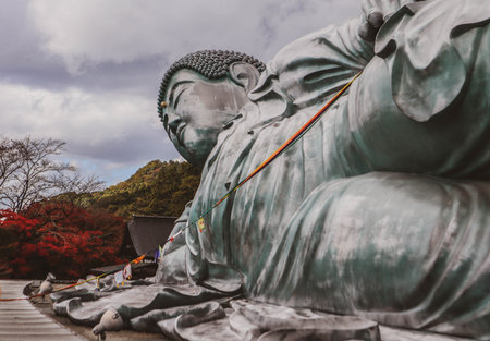 Serene Giant Reclining Buddha Statue with Autumn Scenery in Japanの写真素材