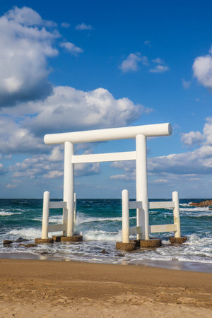 Sacred Shinto Shrine Gate by the Sea with Wedded Rocks, Fukuoka Japanの写真素材