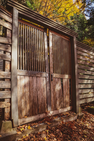 Rustic Aged Wooden Entrance Surrounded by Fall Leaves in Japanの写真素材