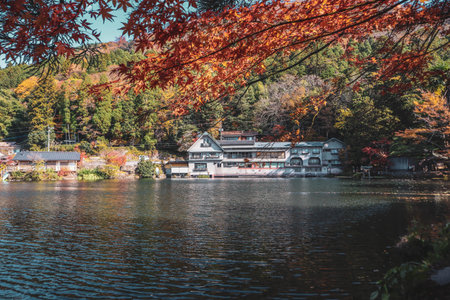 Traditional Japanese Ryokan by Lake Kinrin in Autumn, Yufuin, Japanの写真素材
