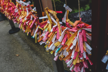 Traditional Japanese Prayer Papers at Temple â Omikuji Wishes for Luck and Blessingsの写真素材