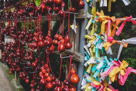 Lucky Hyotan Gourds and Fortune Paper Strips in Japan Temple Sceneà¸–à¸²à¸¡...