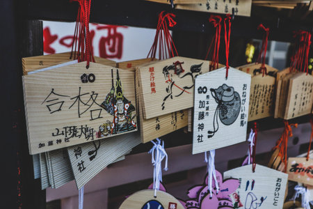 Traditional Japanese Ema Boards Hung at Shrine for Wishes and Prayers