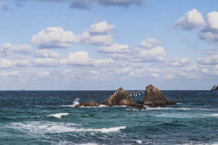 Meoto Iwa Wedded Rocks in Futami Bay, Japan â Sacred Shinto Symbol at Seaの写真素材
