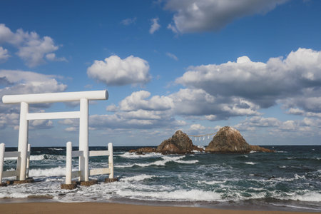 Sacred Meotoiwa Rocks and Ocean View with Japanese Shinto Torii Gate on the Beachの写真素材
