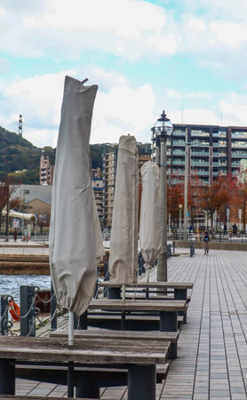 Closed Cafe Seating Area by the Urban Harborの写真素材