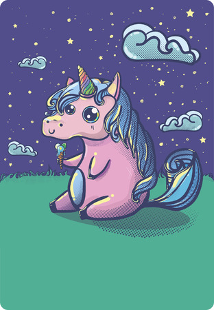 Hand drawn fantasy cartoon unicorn, cute doodle. Funny sketch vector background.のイラスト素材