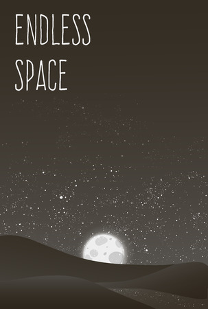 Night vector background. Landscape hills, river, moon and shining stars on endless sky. Beautiful backdrop for your creative ideas. のイラスト素材