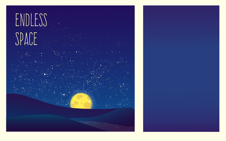 Night vector background. Landscape hills, river, moon and shining stars on endless sky. Beautiful backdrop for your creative ideas. のイラスト素材