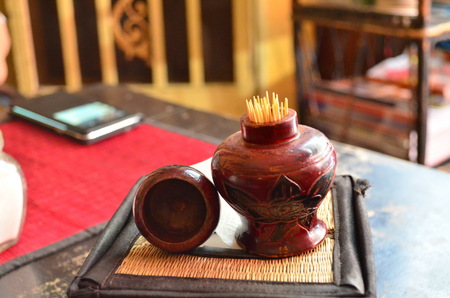 Toothpick.The classic toothpick is packed in a wooden box.の写真素材