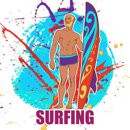 Athletic shaped trendy surfer  with surfboard. Front view. Grunge background with paint spots and splashes. EPS10 vector illustration.のイラスト素材