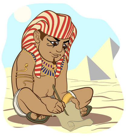 Funny cartoon style ancient Egyptian wrighting on a papyrus with a stylus.のイラスト素材