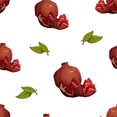 Bright pomegranate fruits and leaves in painted sketch style seamless pattern.のイラスト素材