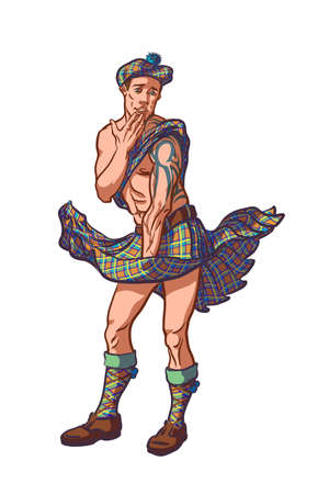 Playful muscular guy in Skottish traditional kilt cosplaying Merlin Monroe.のイラスト素材