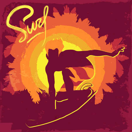 Silhouette of surfing boy on a silhouette of palm trees. Purple background. Vintage surfing design.  vector illustration.のイラスト素材