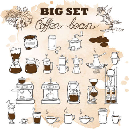Barista tools set. Equipment for various ways of coffee brewing. Infographics icons. Doodle style pictures. Textured grunge spot beckground. EPS10 vector illustration.のイラスト素材