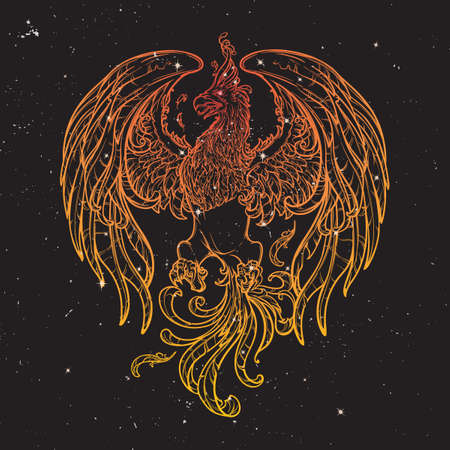 Phoenix or Phenix magic creature from ancient greek myths. Boho style look. Black nightsky background with stars. Zodiac sign. Astrology design. EPS10 vector illustrationのイラスト素材