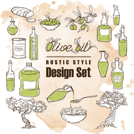 Olive oil sketched design set. Set of designers hand drawn elements. Grunge textured background. Vintage style picture. EPS10 vector illustration.のイラスト素材