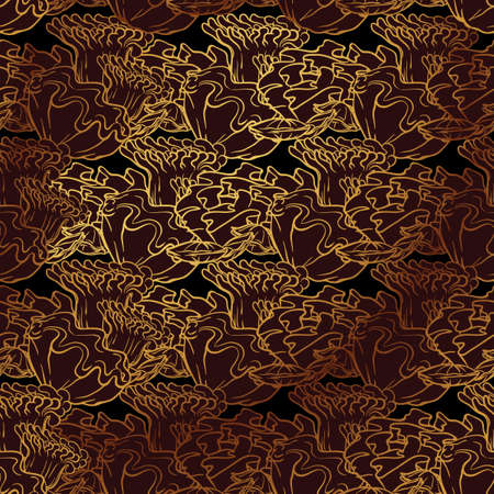 Luxury design with golden coral reef animals outlines on a deep brown. Retro style ornament. Seamless pattern. EPS10 vector illustration.のイラスト素材