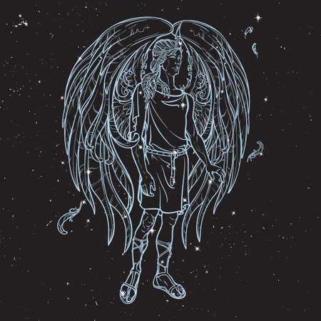 Angel or Archangel. Byblical supernatural creature messenger of God. Sketch drawing isolated on black night sky background with stars. Astrology illustration. EPS10 vector illustration.のイラスト素材