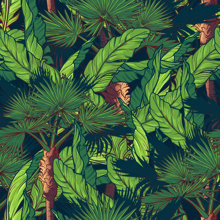 Banana and fan palm trees on a dark blue background. Tropical jungle. Seamless pattern with Irregular distribution of elements. EPS10 vector illustration.のイラスト素材