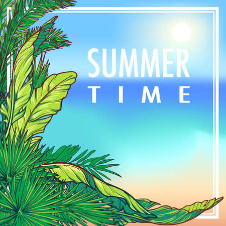 Tropical Floral Frame with blured beach panorama. Banana and palm tree leaves. Greeting card, flyer or invitation design template. EP10 vector illustration.のイラスト素材