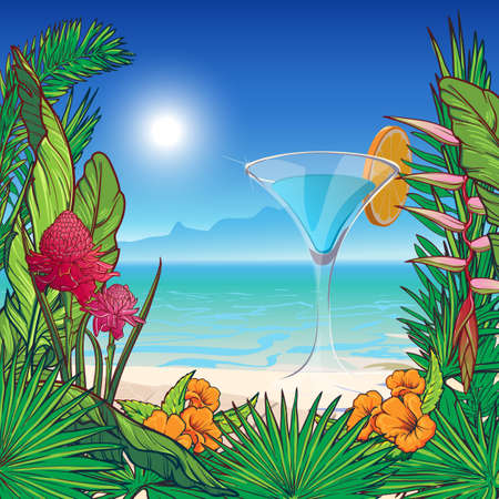 Tropical Floral Frame, tropic beach panorama and coctail glass . Banana and palm tree leaves, exotic...