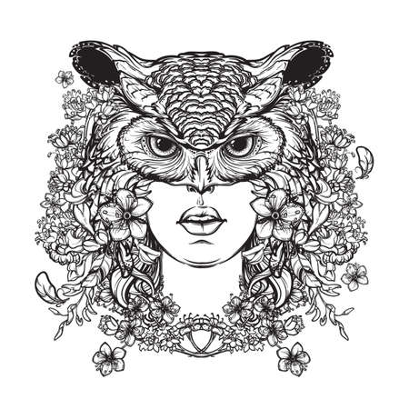 Mythological character woman created from flowers and turned into an owl. Illustration to Welsh Mabinogion. Beautiful woman in an owl mask. Mystical halloween concept art. vector illustration.のイラスト素材