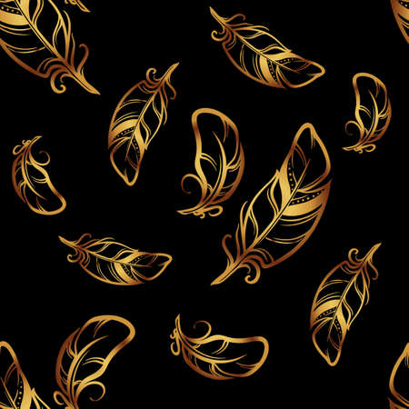 Hand drawn sketch style seamless pattern. Black feathers with golden outlines on black background. Irregular distribution of elements.のイラスト素材