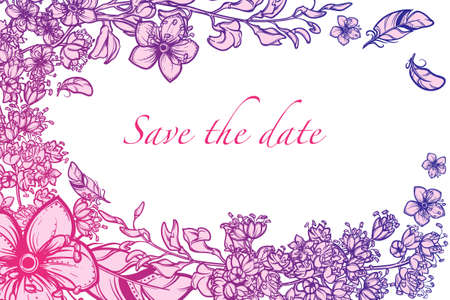 Tropical Floral Frame. Greeting card, spa or wedding invitation design template. Horizontal orientation.のイラスト素材