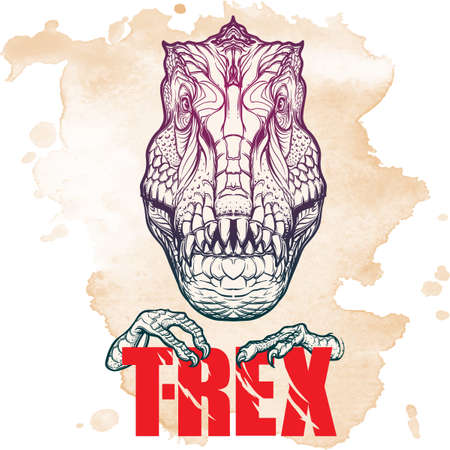 Detailed sketch style drawing of the tirannosaurus rex head. Beast holding T-Rex sign in its claws. Grunge background.のイラスト素材