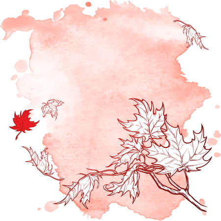 Wind stripping leaves off the Maple branch. Desecrated Red grunge spot background. Autumn mood. Hand drawn sketch.のイラスト素材