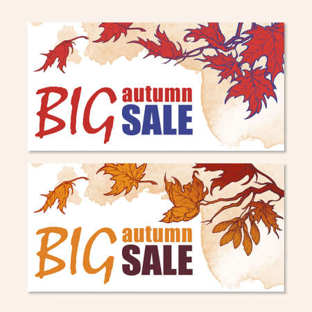 Seasonal sale website header or banner set. Autumn maple branch. EPS10 vector illustration.のイラスト素材