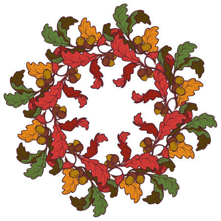 Fall Festival oak branch wreath. Circular ornament. Design element for Greeting card, flyer or poster. Intricate hand drawing isolated on square white background. EPS10 vector illustration.のイラスト素材