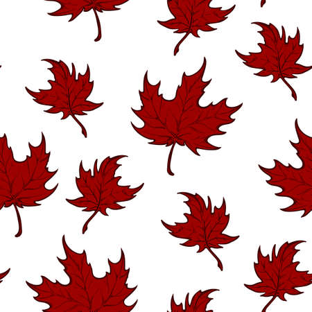 Autumn red maple leaves. Detailed intricate hand drawing. Isolated on white background. Chaotic distribution of elements. Seampless pattern. EPS10 vector illustration.のイラスト素材