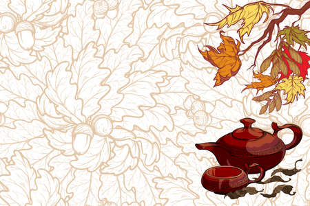 Still life composition. Ceramic teapot cup tea leaves maple branch on leaf pattern background. Seasonal tea menu template. Tea ceremony banner. EPS10 vector illustration.のイラスト素材