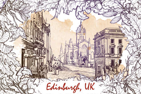 Royal Mile street panorama. Edinburgh, Scotland, the UK. Sketch imitating ink pen drawing with a grunge background on a separate layer. EPS10 vector illustration.のイラスト素材