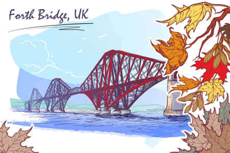 Firth of Forth cantilever railway bridge panorama. Autumn maple leaves frame. Seasonal greeting card or banner. Watercolor imitating painted sketch. EPS10 vector illustration.のイラスト素材