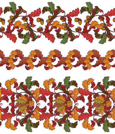 Fall oak leaves seamless borders. Artistic brushes template. Colourful autumn oak leaves isolated on white background. Baroque decorative elements. Intricate hand drawing. EPS10 vector illustration.のイラスト素材
