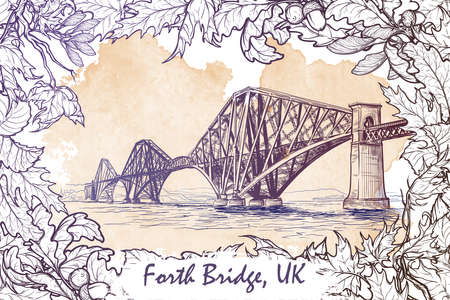 Firth of Forth cantilever railway bridge panorama. Autumn maple leaves frame. Seasonal greeting card or banner. Watercolor imitating painted sketch. EPS10 vector illustration.のイラスト素材