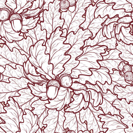 Autumn red and ocher oak leaves and acorns. Detailed intricate hand drawing. Chaotic distribution of elements. Seamless pattern. EPS10 vector illustration.のイラスト素材