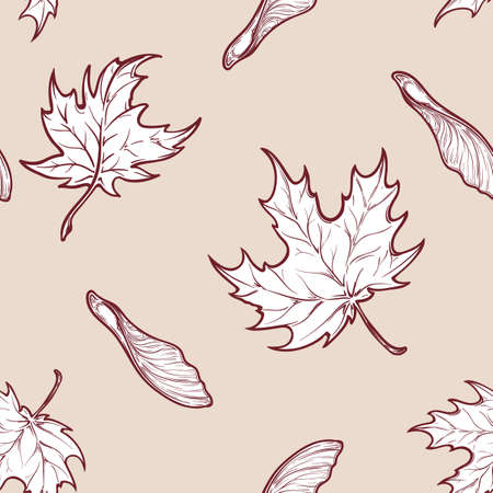 Autumn maple leaves and seeds. Detailed intricate hand drawing. Chaotic distribution of elements. Seamless pattern. EPS10 vector illustration.のイラスト素材