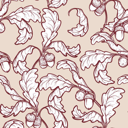 Autumn red and ocher oak leaves and acorns. Detailed intricate hand drawing. Chaotic distribution of elements. Seampless pattern. EPS10 vector illustration.のイラスト素材