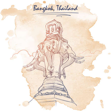 Statue of Elephant in Bangkok. Travel sketchbook picture. Architectural drawing with a grunge background on a separate layer. EPS10 vector illustration.のイラスト素材