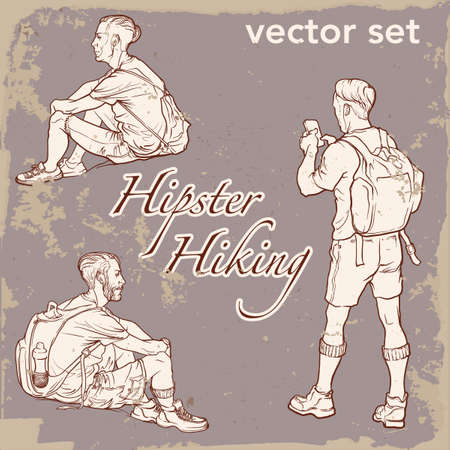 Set of 3 sketched man figures. Hipster style looking young backpackers sitting and standing. Sketch and silhouette. Vintage background. EPS10 vector illustration.のイラスト素材